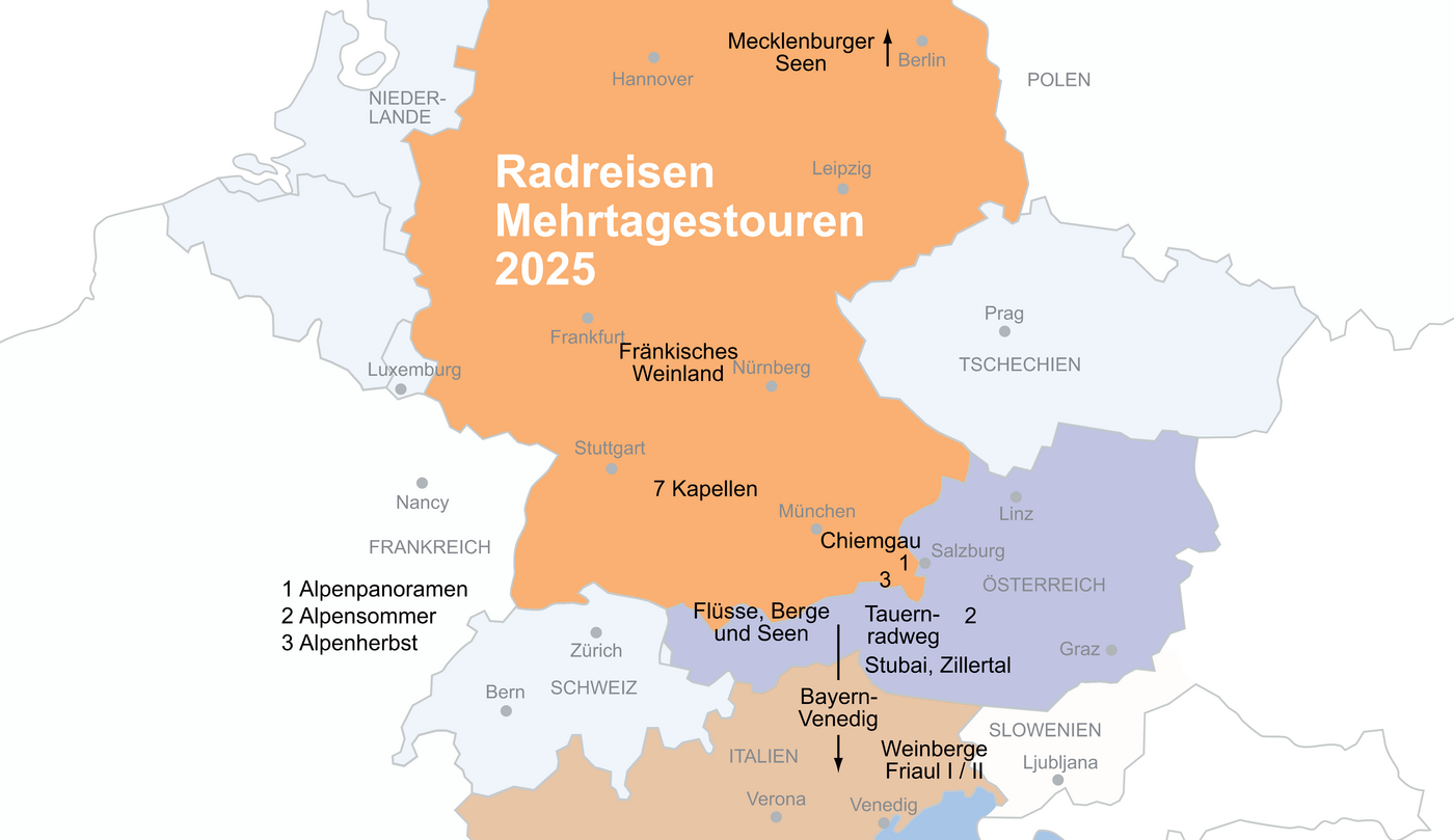 Auf einer Landkarte von Zentraleuropa wird übersichtsmäßig dargestellt, in welcher Region die Radreisen stattfinden.