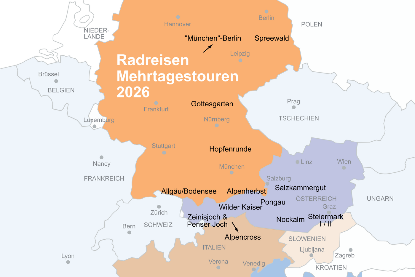 Landkarte und Übersicht der Angeboten Radreisen des ADFC München 2026